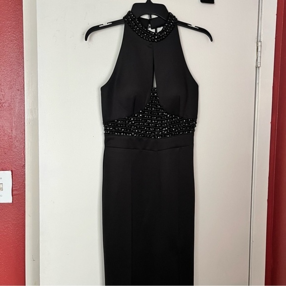 Halter Neck Black Evening Dress Long Mermaid Prom Gown Crystal Beaded Formal‎ XS - Picture 7 of 16